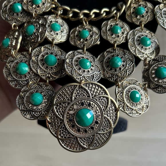 Vintage Tribal Statement Faux Turquoise Bib Necklace, adjustable up to 20” - Picture 6 of 8